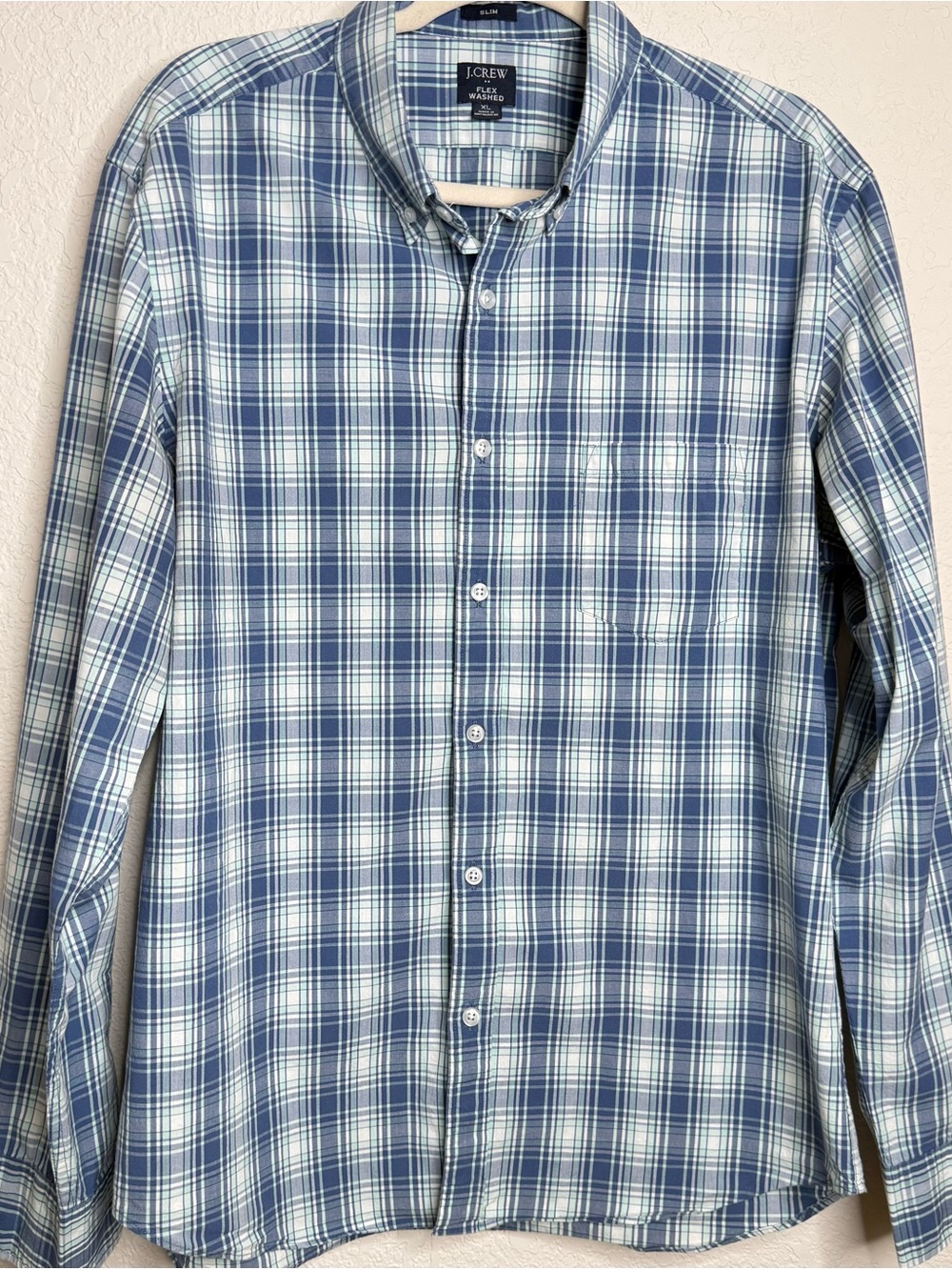 J.Crew Flex Washed Blue & White Plaid Button-Up Men’s Shirt Size XL Slim